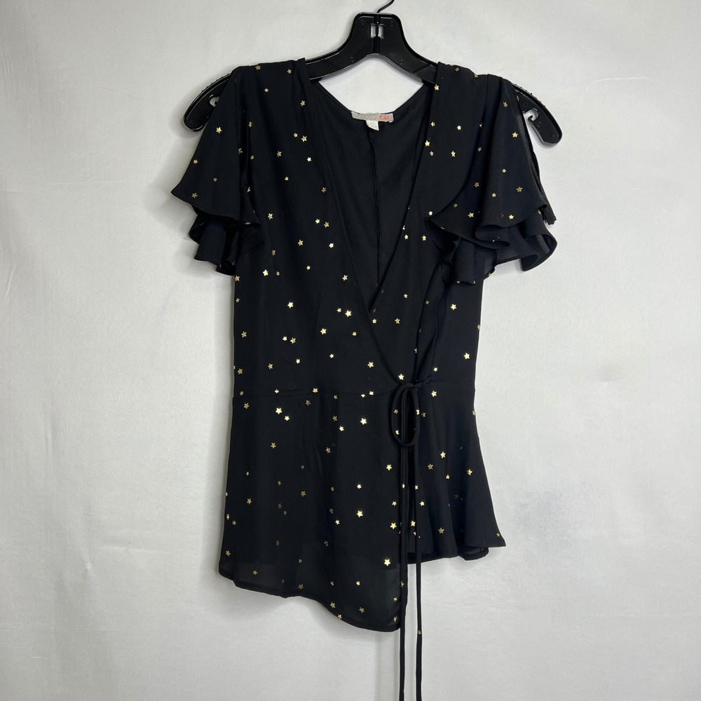 GB Black Gold Star Wrap Top Womens XS Flutter‎ Sleeve V-Neck Celestial Astrology